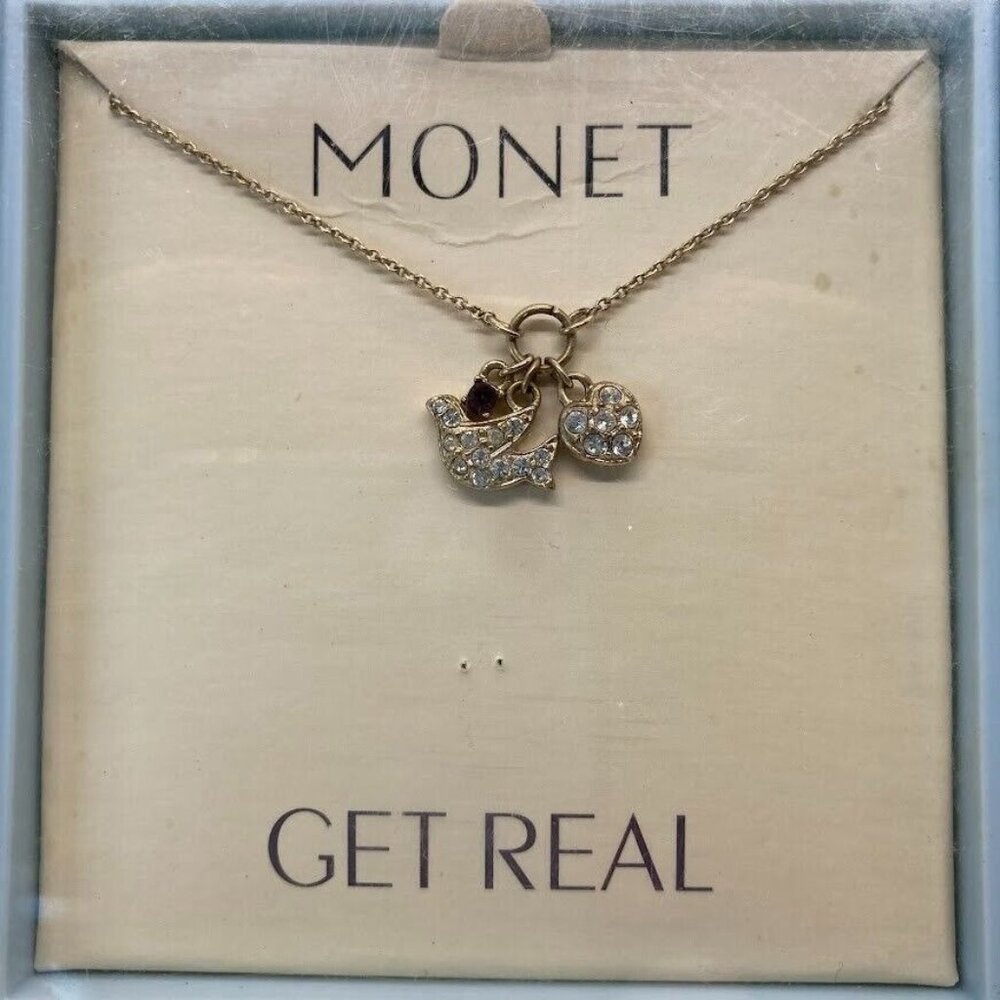 New MONET Get Real 16" Necklace Dove Heart Clear Crystal Purple Round‎ Crystal